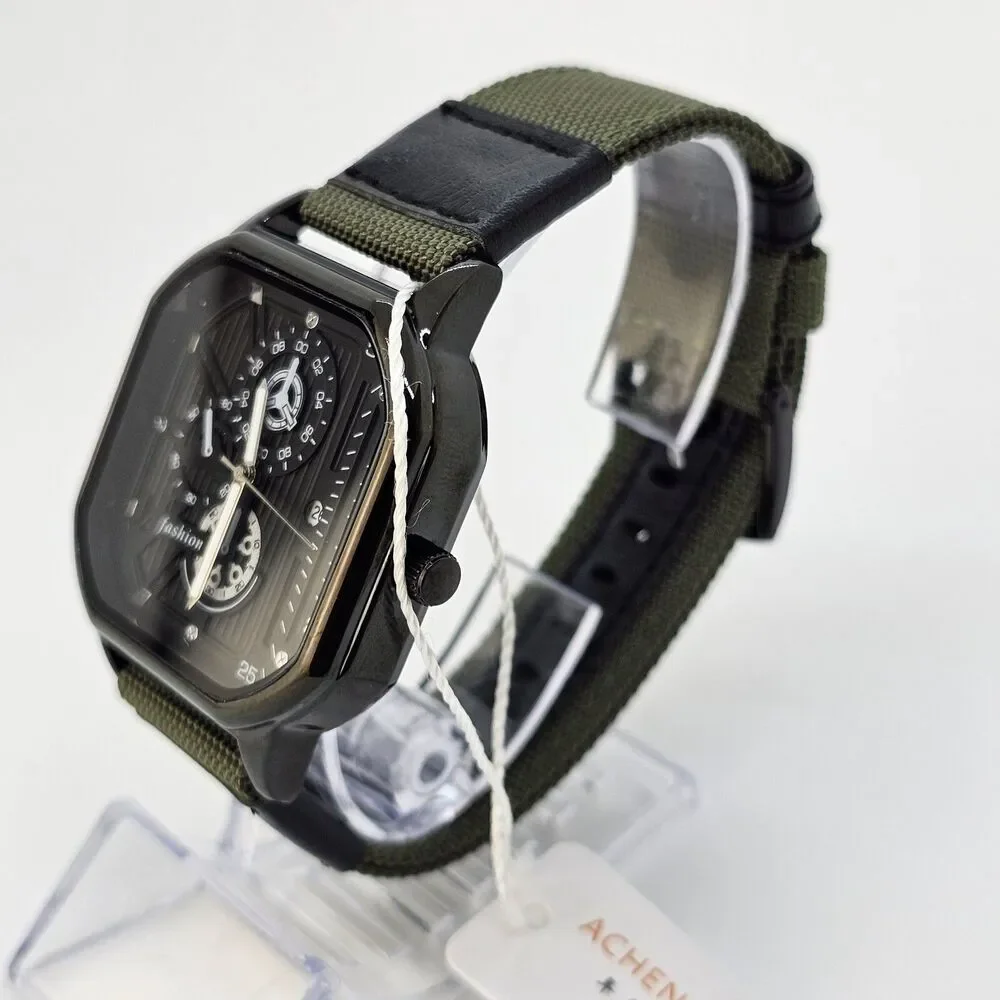 Men's‎ Watch 42MM Case Black Dial Date Indicator Army Green Black Canvas Bands